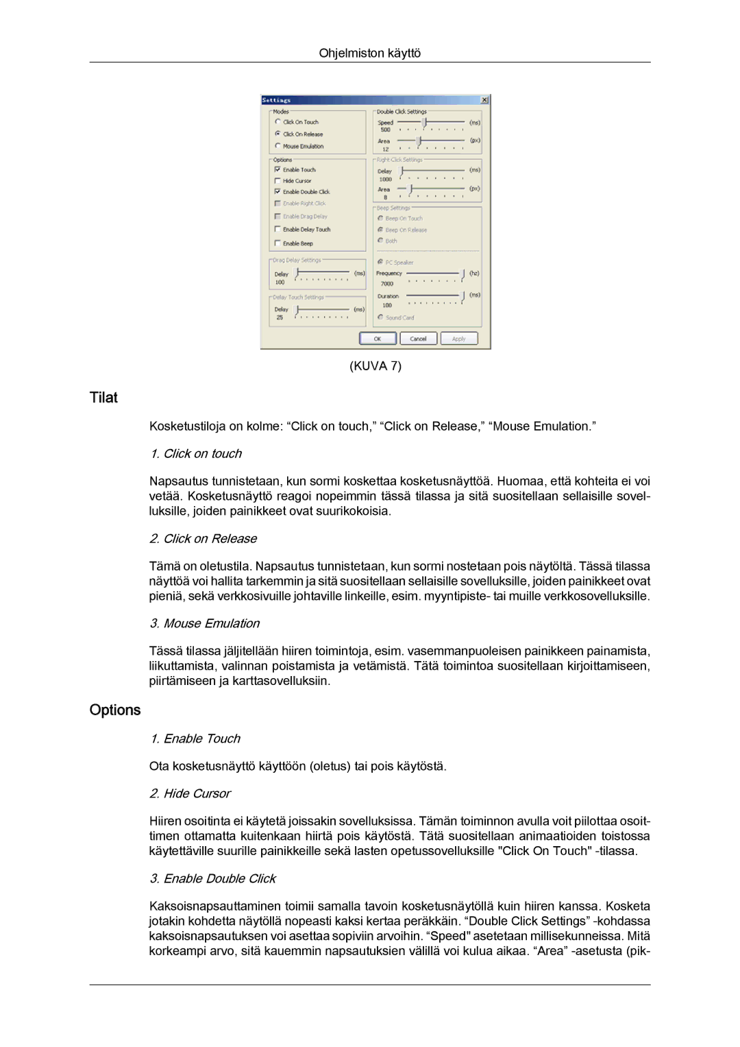 Samsung LH40CRPMBC/EN, LH46CRPMBD/EN, LH46CRPMBC/EN, LH40CRPMBD/EN manual Tilat, Options 