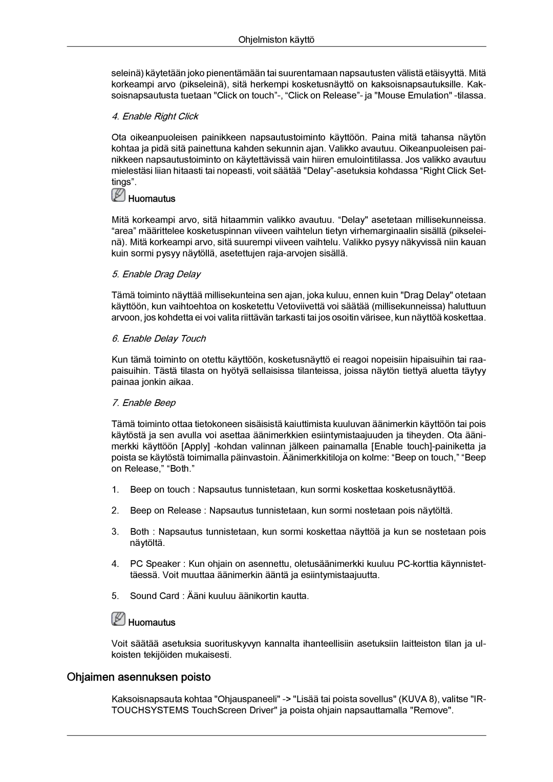 Samsung LH46CRPMBD/EN Ohjaimen asennuksen poisto, Enable Right Click, Enable Drag Delay, Enable Delay Touch, Enable Beep 