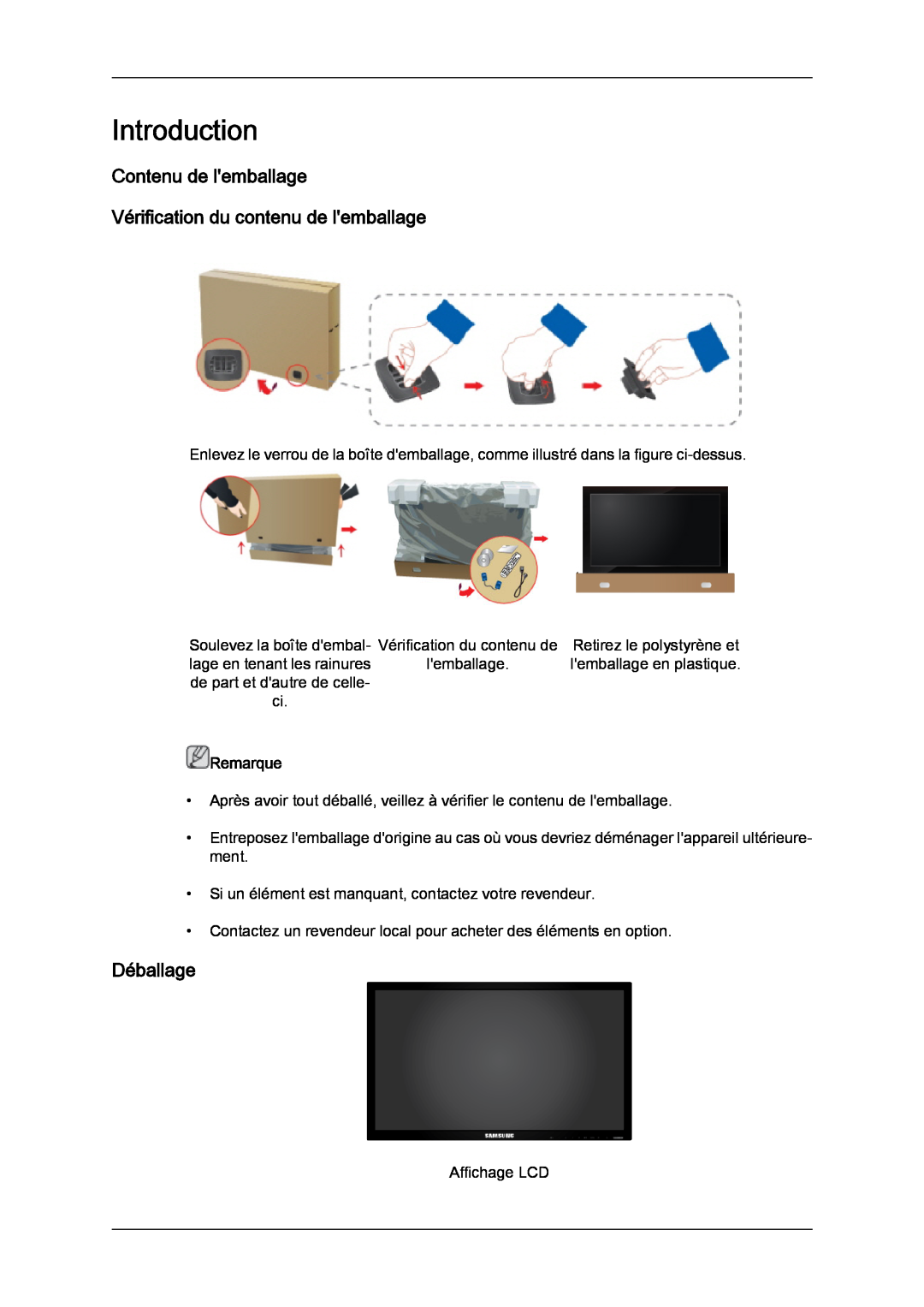 Samsung LH40CRPMBD/EN manual Introduction, Contenu de lemballage Vérification du contenu de lemballage, Déballage, Remarque 