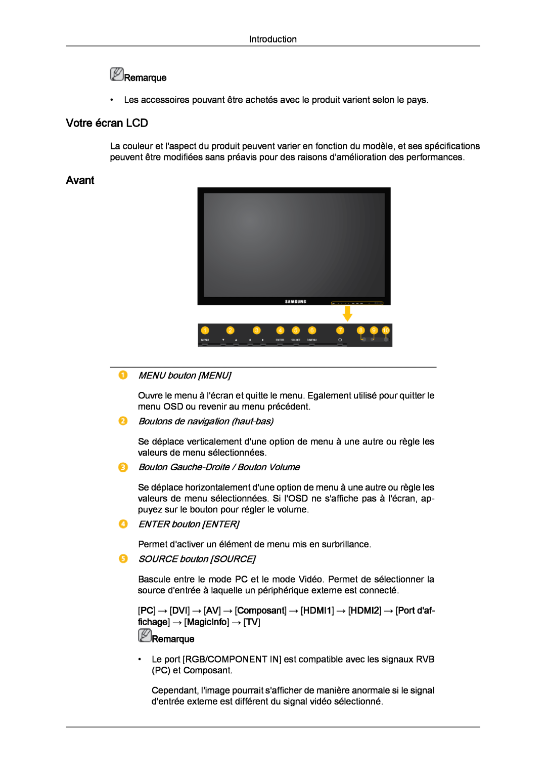 Samsung LH46CRPMBD/EN manual Votre écran LCD, Avant, MENU bouton MENU, Boutons de navigation haut-bas, ENTER bouton ENTER 