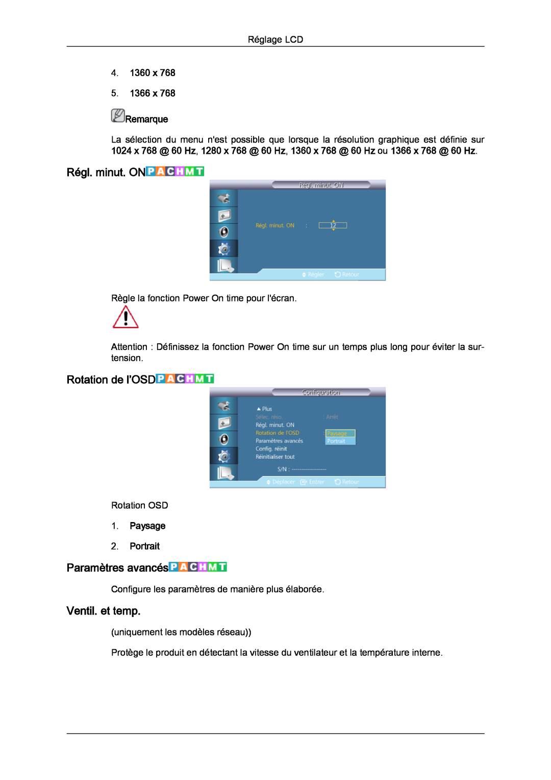 Samsung LH46CRPMBD/EN manual Régl. minut. ON, Rotation de l’OSD, Paramètres avancés, Ventil. et temp, Paysage 2. Portrait 