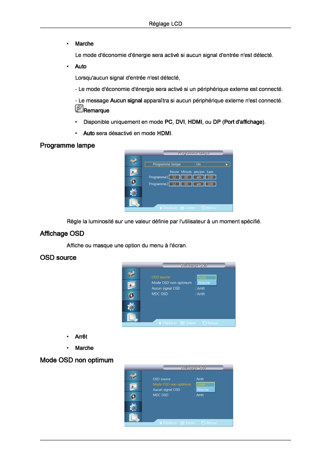 Samsung LH46CRPMBD/EN manual Programme lampe, Affichage OSD, OSD source, Mode OSD non optimum, Marche, Auto, Remarque 