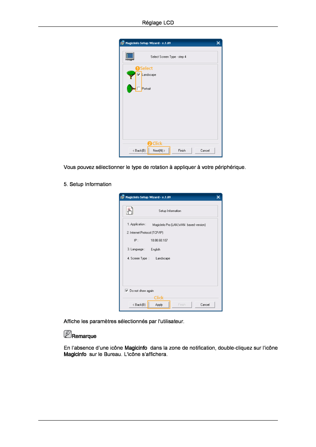 Samsung LH40CRPMBC/EN manual Réglage LCD, Setup Information, Affiche les paramètres sélectionnés par lutilisateur, Remarque 