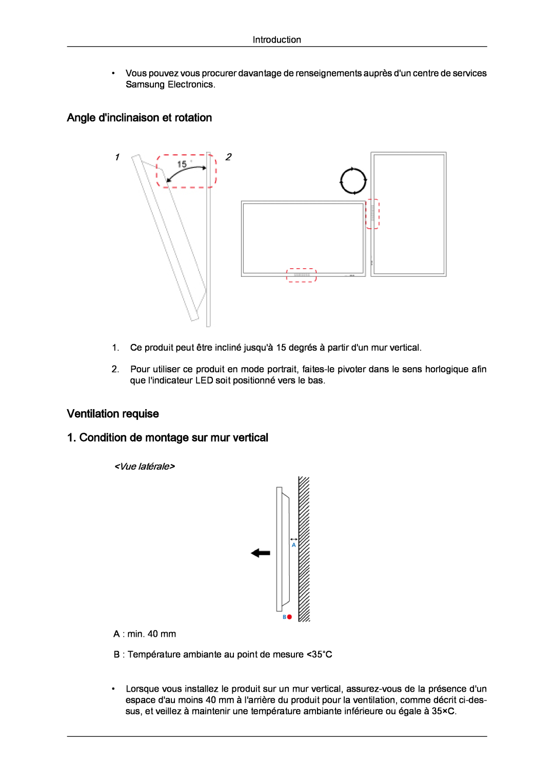 Samsung LH40CRPMBD/EN manual Angle dinclinaison et rotation, Ventilation requise 1. Condition de montage sur mur vertical 