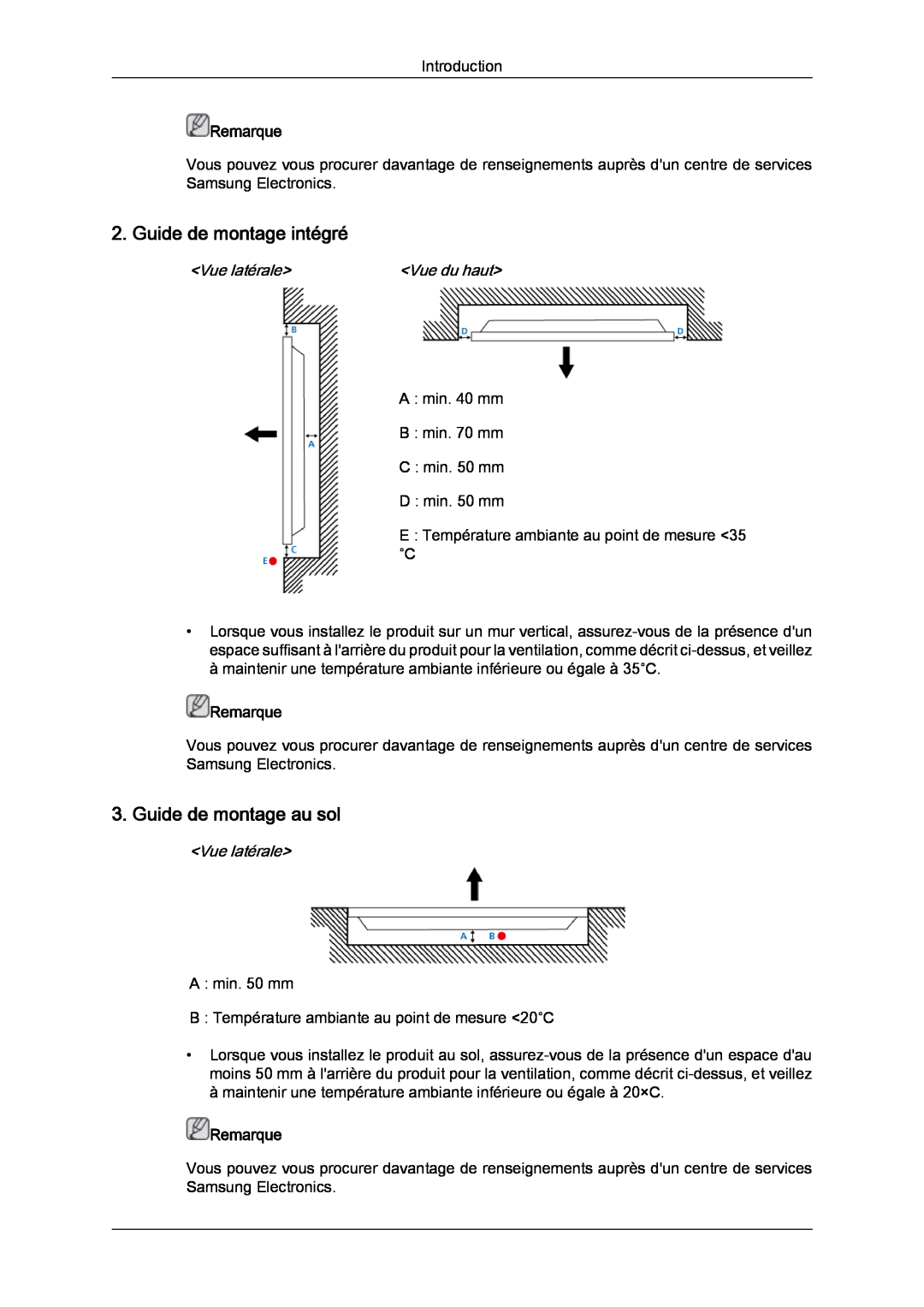 Samsung LH40CRPMBC/EN manual Guide de montage intégré, Guide de montage au sol, Vue du haut, Remarque, Vue latérale 