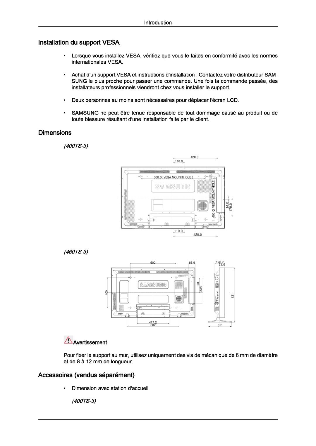 Samsung LH46CRPMBC/EN manual Installation du support VESA, Dimensions, Accessoires vendus séparément, 400TS-3 460TS-3 
