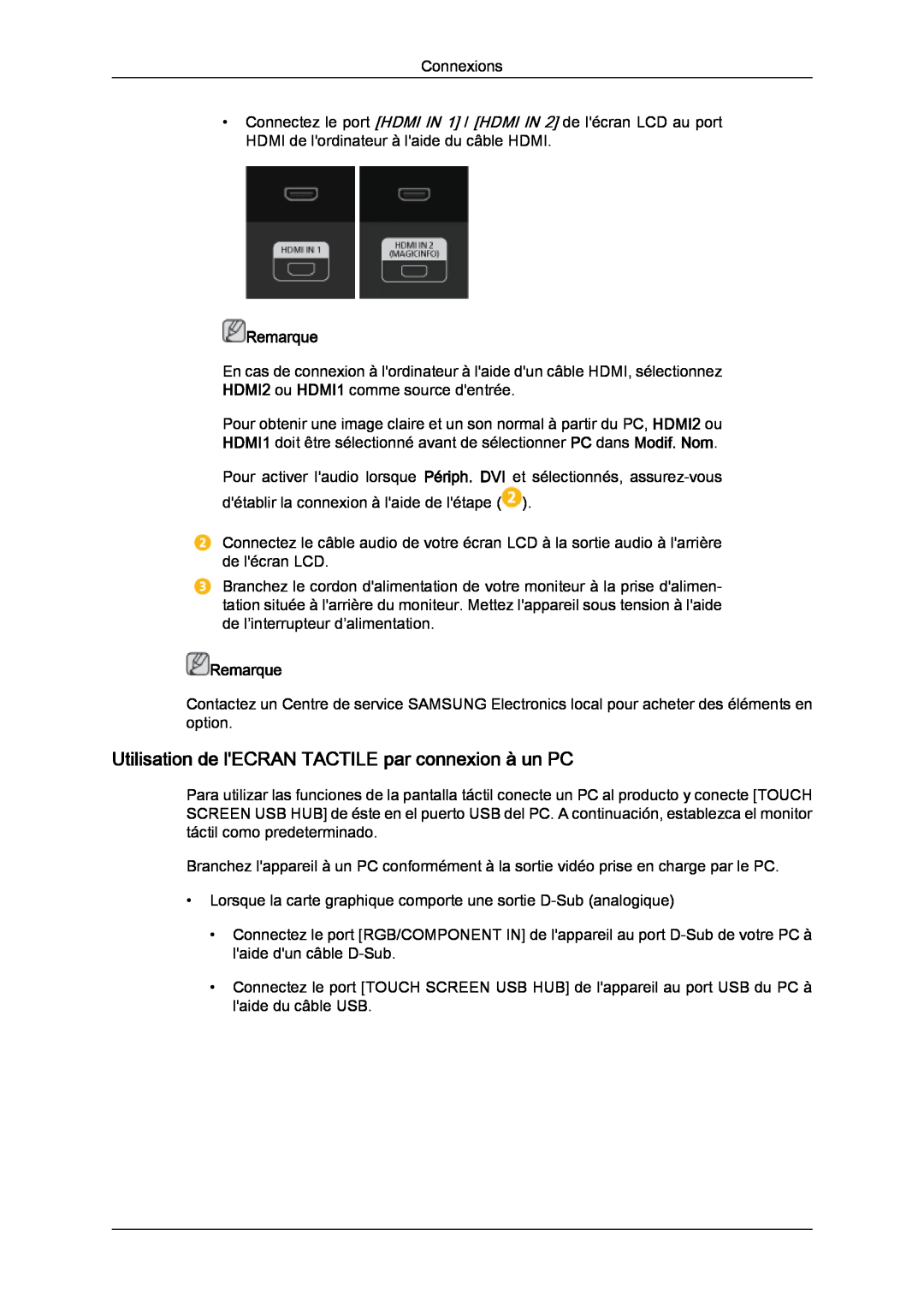 Samsung LH40CRPMBD/EN, LH46CRPMBD/EN, LH46CRPMBC/EN manual Utilisation de lECRAN TACTILE par connexion à un PC, Remarque 