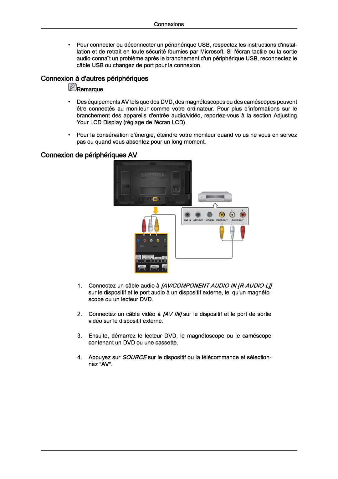 Samsung LH46CRPMBC/EN, LH46CRPMBD/EN manual Connexion à dautres périphériques, Connexion de périphériques AV, Remarque 