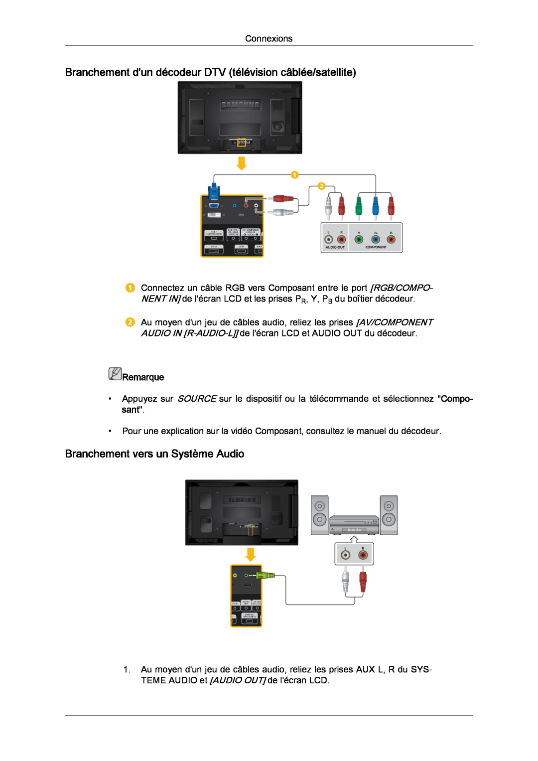 Samsung LH46CRPMBC/EN manual Branchement dun décodeur DTV télévision câblée/satellite, Branchement vers un Système Audio 