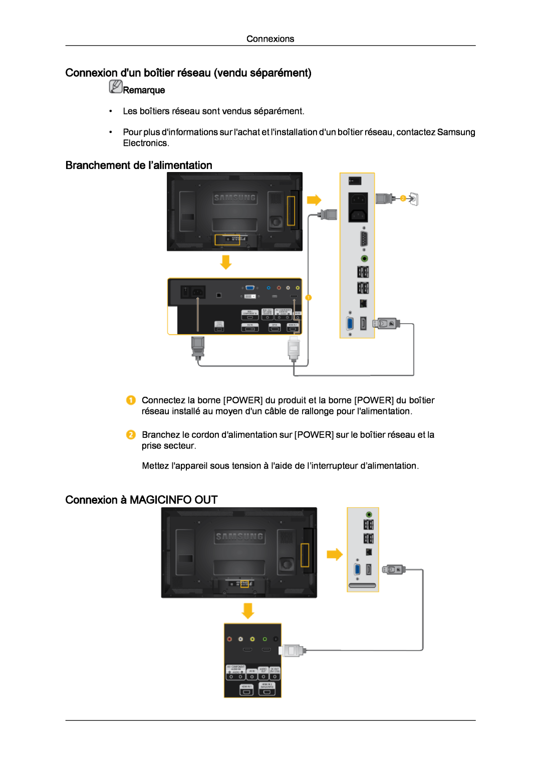 Samsung LH40CRPMBD/EN manual Connexion dun boîtier réseau vendu séparément, Branchement de l’alimentation, Remarque 