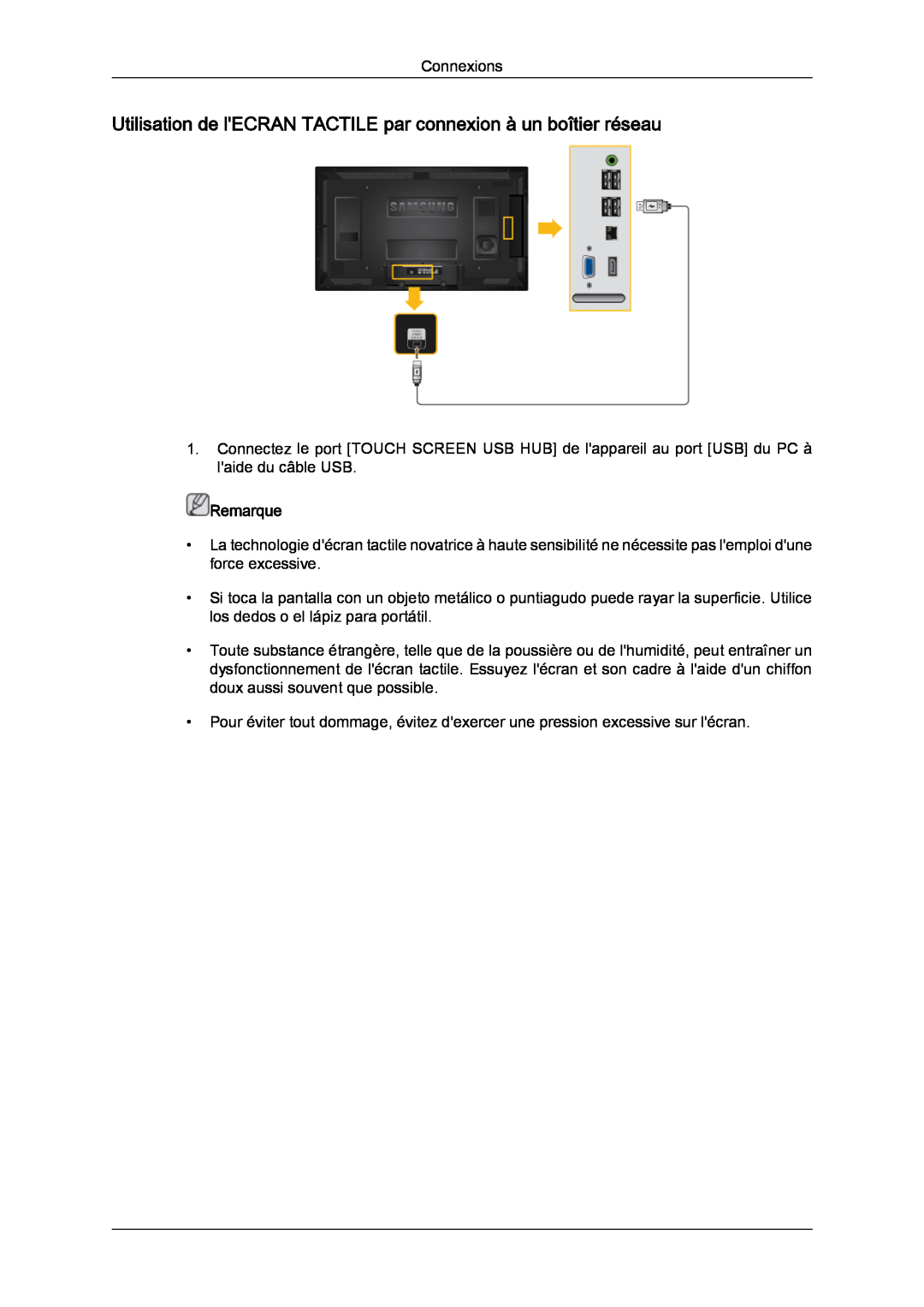 Samsung LH46CRPMBD/EN, LH46CRPMBC/EN manual Utilisation de lECRAN TACTILE par connexion à un boîtier réseau, Remarque 