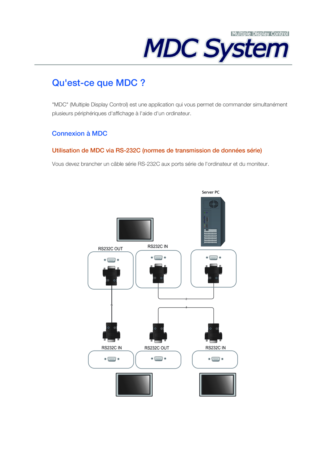 Samsung LH46CRPMBC/EN, LH46CRPMBD/EN, LH40CRPMBD/EN, LH40CRPMBC/EN manual Quest-ce que MDC ?, Connexion à MDC 