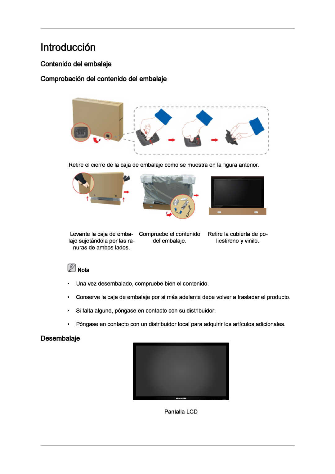 Samsung LH40CRPMBD/EN Introducción, Contenido del embalaje Comprobación del contenido del embalaje, Desembalaje, Nota 