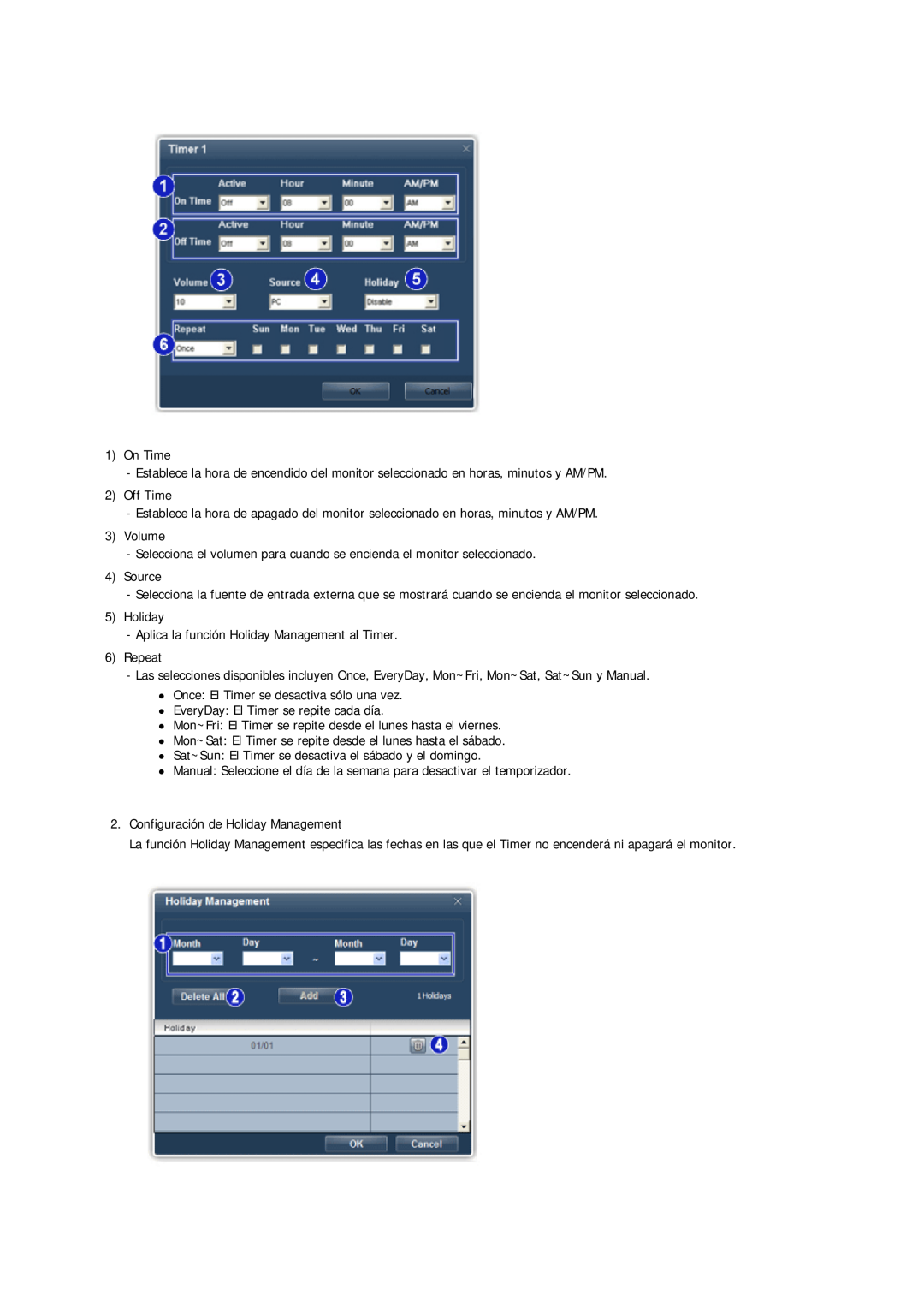 Samsung LH46CRPMBD/EN On Time, Off Time, Volume, Selecciona el volumen para cuando se encienda el monitor seleccionado 