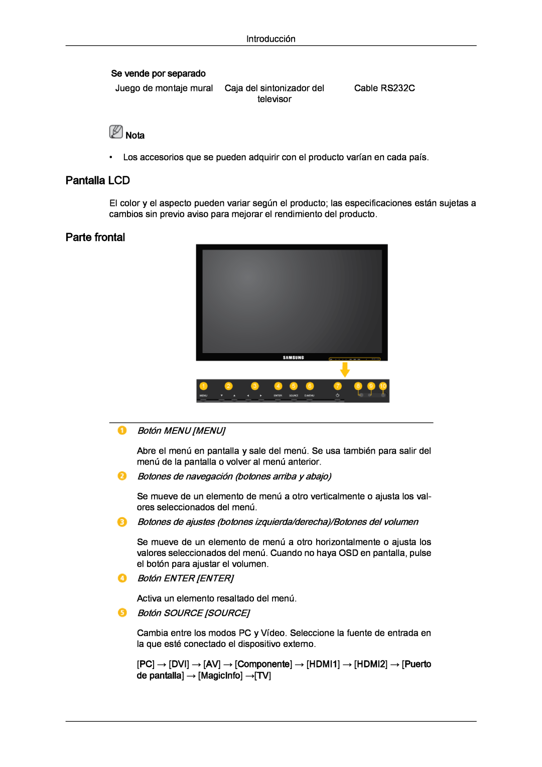 Samsung LH46CRPMBD/EN Pantalla LCD, Parte frontal, Botón MENU MENU, Botones de navegación botones arriba y abajo, Nota 