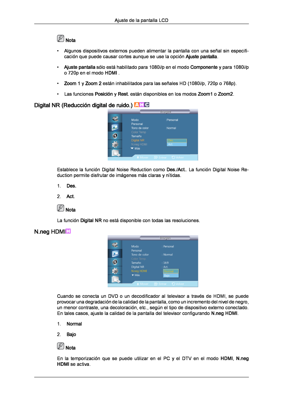 Samsung LH46CRPMBD/EN manual Digital NR Reducción digital de ruido, N.neg HDMI, Normal 2. Bajo Nota, Des 2. Act Nota 