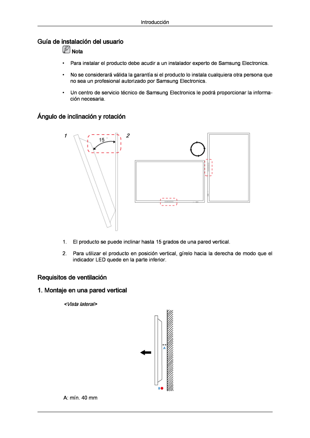 Samsung LH40CRPMBD/EN manual Guía de instalación del usuario, Ángulo de inclinación y rotación, Vista lateral, Nota 