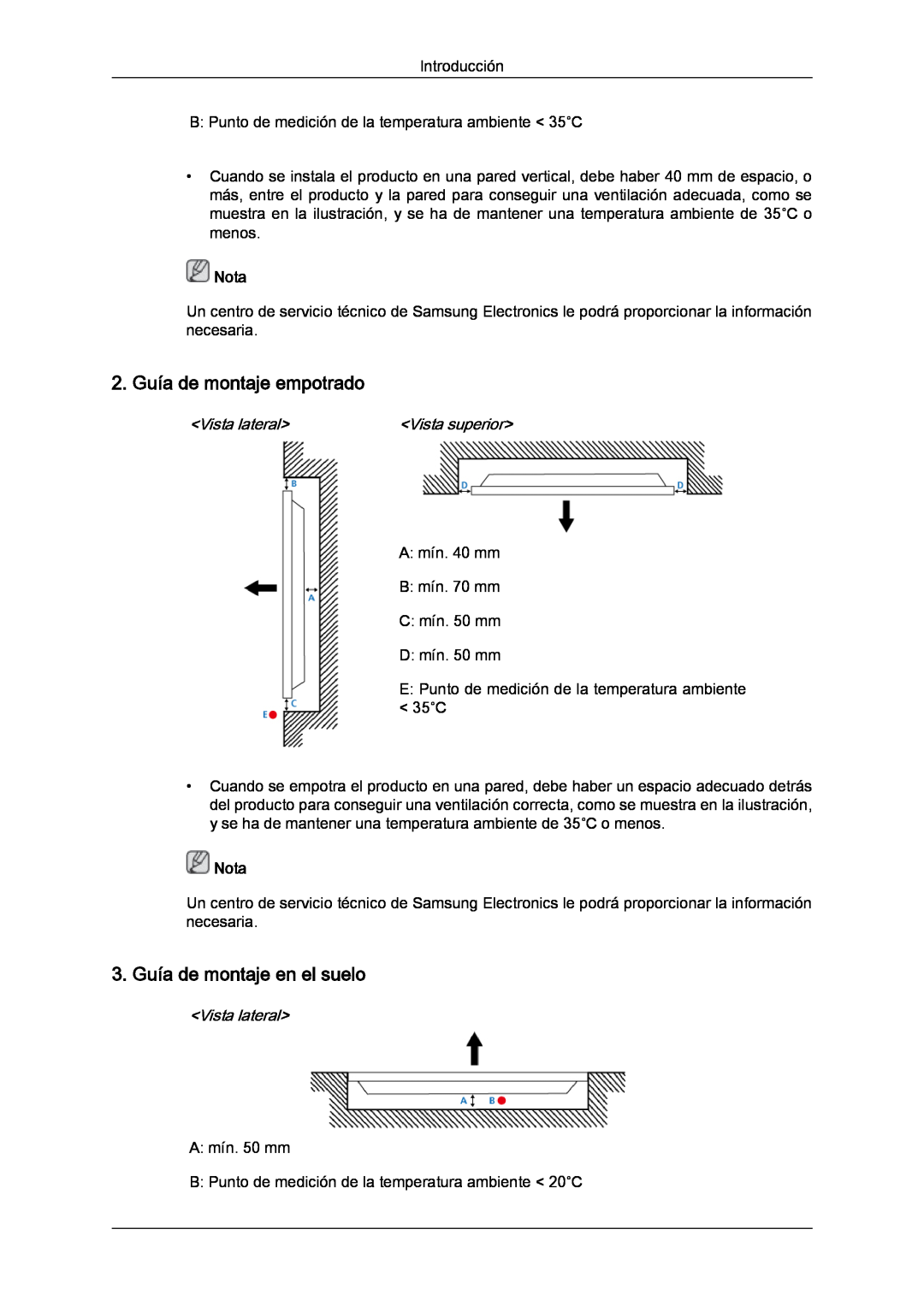 Samsung LH40CRPMBC/EN 2. Guía de montaje empotrado, 3. Guía de montaje en el suelo, Vista superior, Nota, Vista lateral 