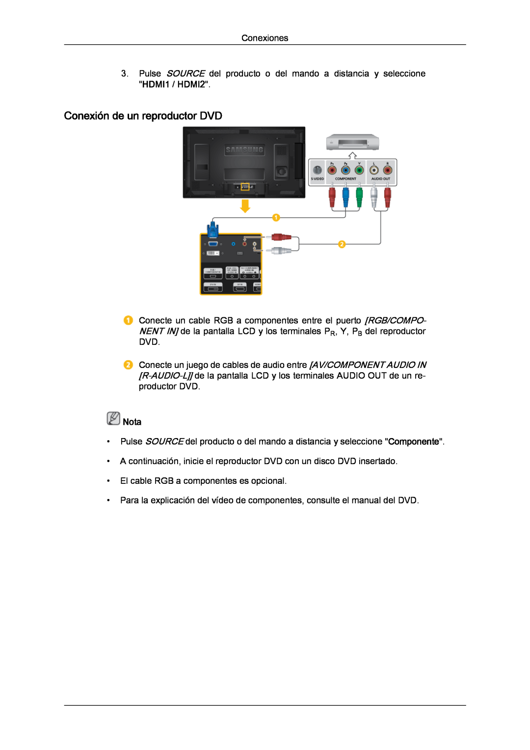 Samsung LH46CRPMBD/EN, LH46CRPMBC/EN, LH40CRPMBD/EN, LH40CRPMBC/EN manual Conexión de un reproductor DVD, Nota 