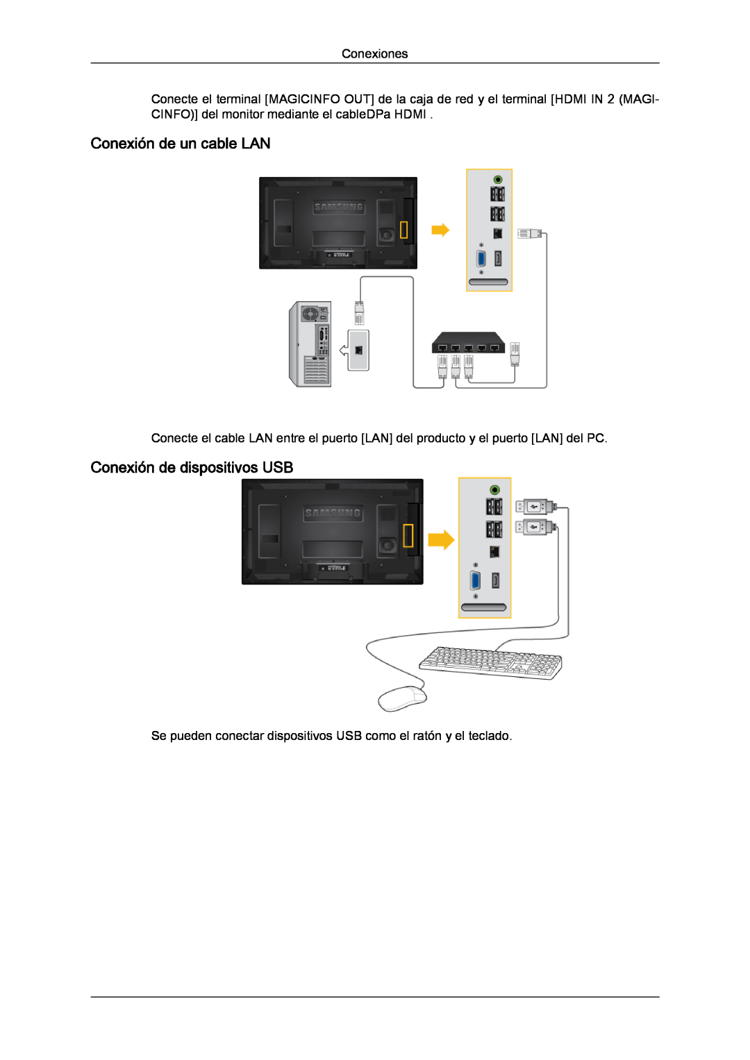 Samsung LH40CRPMBC/EN, LH46CRPMBD/EN, LH46CRPMBC/EN manual Conexión de un cable LAN, Conexión de dispositivos USB, Conexiones 
