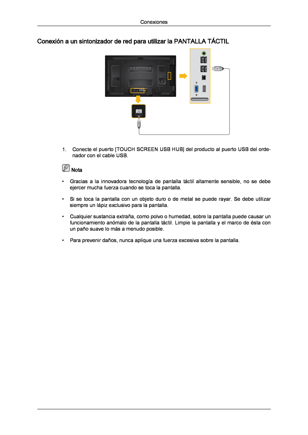 Samsung LH46CRPMBD/EN, LH46CRPMBC/EN manual Conexión a un sintonizador de red para utilizar la PANTALLA TÁCTIL, Nota 