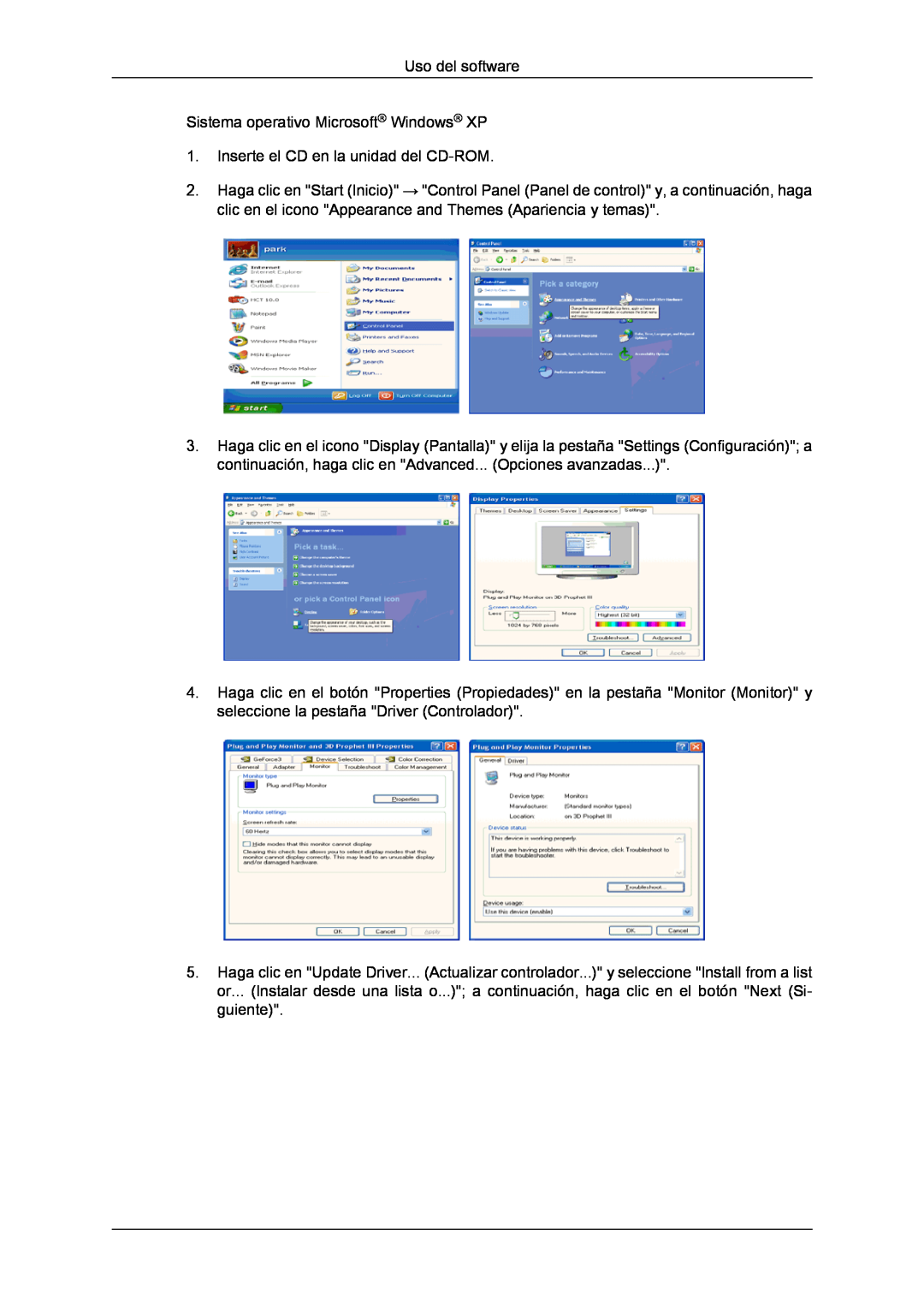 Samsung LH46CRPMBC/EN manual Uso del software Sistema operativo Microsoft Windows XP, Inserte el CD en la unidad del CD-ROM 