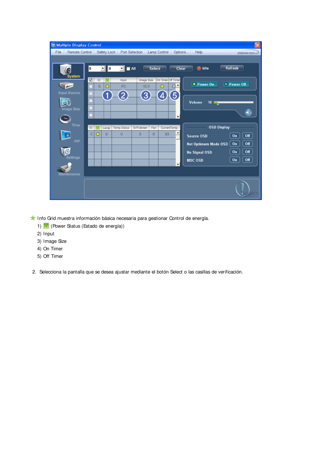 Samsung LH46CRPMBC/EN, LH46CRPMBD/EN manual Power Status Estado de energía 2 Input 3 Image Size 4 On Timer, Off Timer 