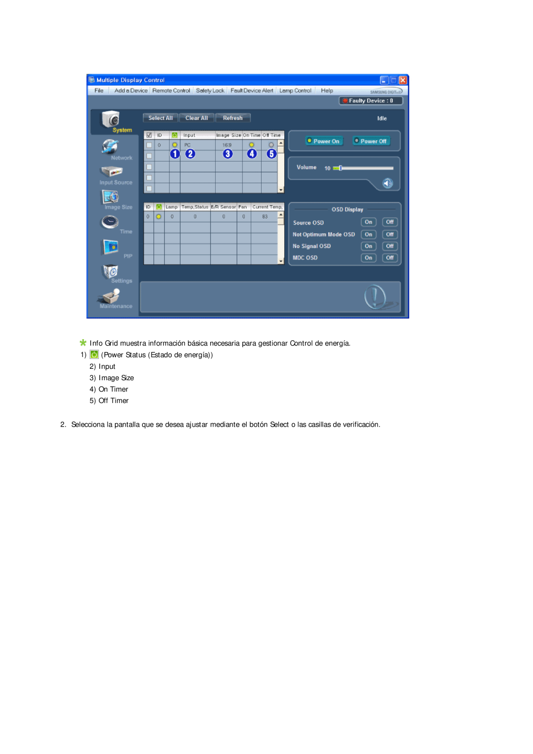 Samsung LH40CRPMBC/EN, LH46CRPMBD/EN manual Power Status Estado de energía 2 Input 3 Image Size 4 On Timer, Off Timer 
