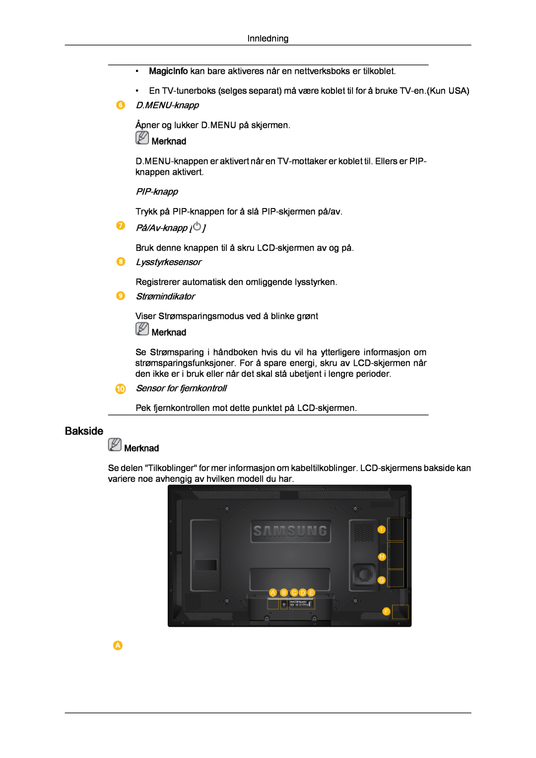 Samsung LH46CRPMBC/EN Bakside, PIP-knapp, På/Av-knapp, Lysstyrkesensor, Strømindikator, Sensor for fjernkontroll, Merknad 