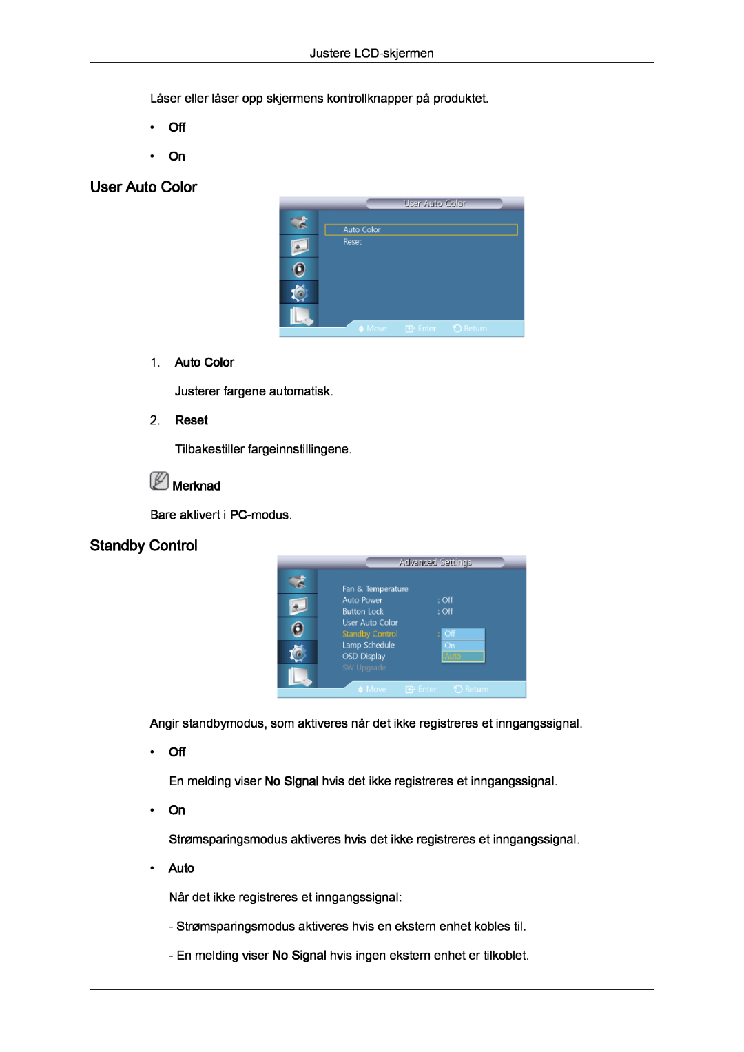 Samsung LH46CRPMBD/EN, LH46CRPMBC/EN, LH40CRPMBD/EN, LH40CRPMBC/EN User Auto Color, Standby Control, Reset, Off On, Merknad 