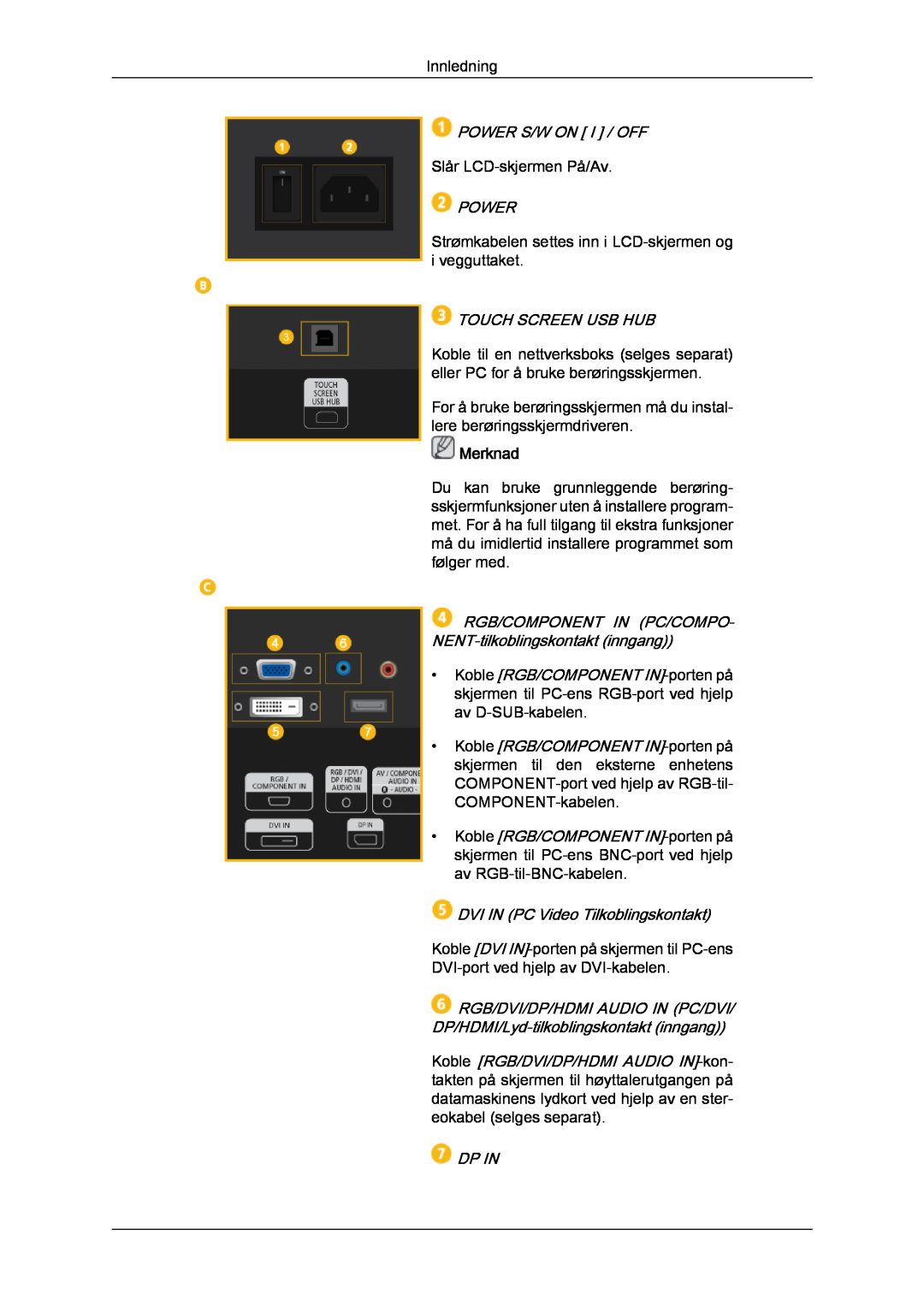 Samsung LH40CRPMBD/EN manual Power S/W On I / Off, Touch Screen Usb Hub, DVI IN PC Video Tilkoblingskontakt, Dp In, Merknad 