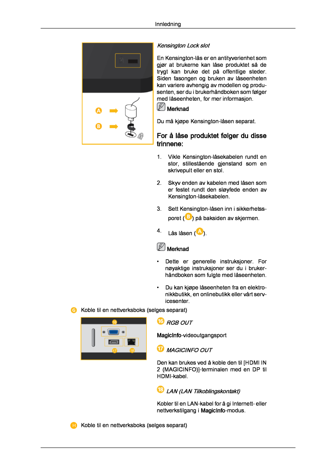 Samsung LH46CRPMBC/EN For å låse produktet følger du disse trinnene, Kensington Lock slot, Rgb Out, Magicinfo Out, Merknad 