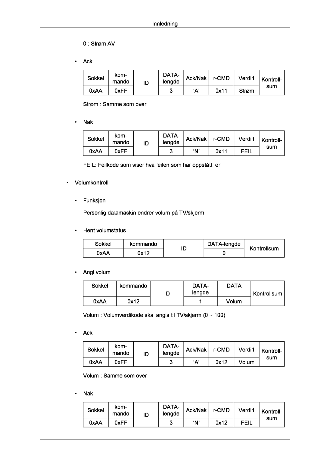 Samsung LH46CRPMBC/EN Innledning, Strøm AV Ack, Sokkel, Data, Ack/Nak, r-CMD, Verdi1, Kontroll, mando, lengde, 0xAA, 0xFF 