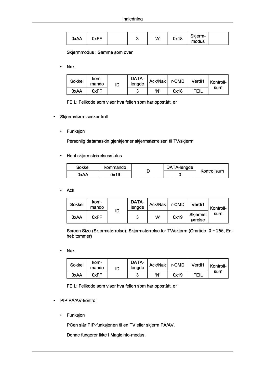 Samsung LH46CRPMBD/EN Innledning, 0xAA, 0xFF, 0x18, Skjerm modus, Skjermmodus Samme som over Nak, Sokkel, Data, Ack/Nak 