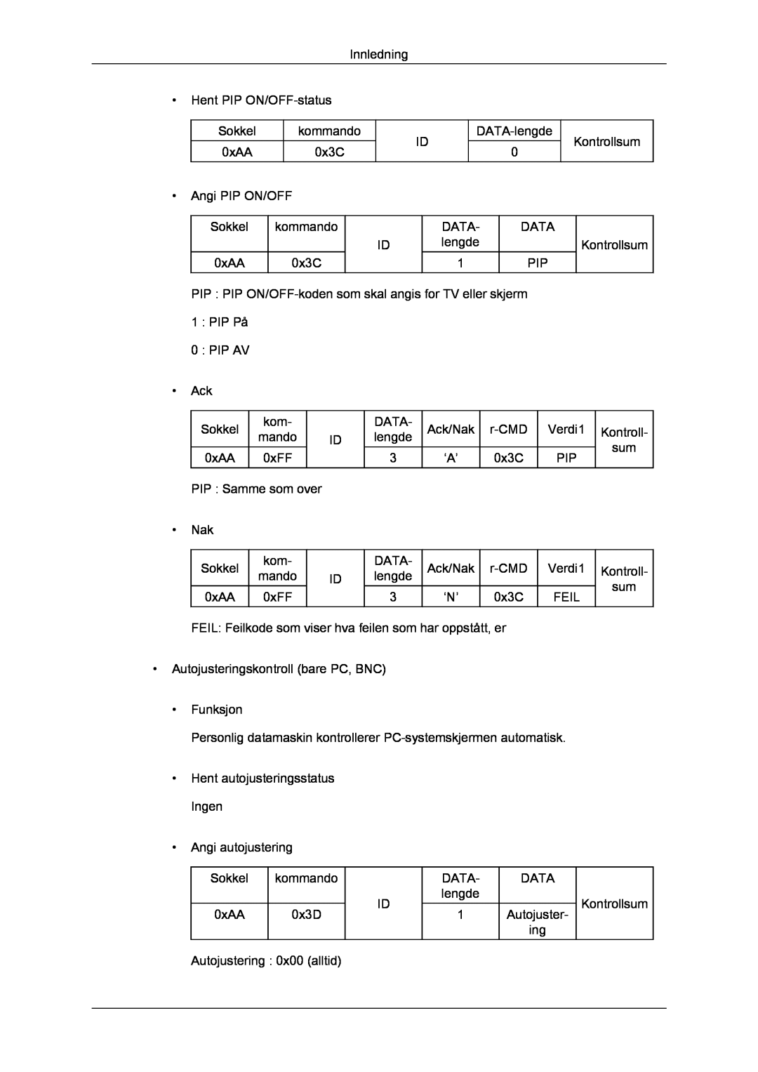 Samsung LH46CRPMBC/EN Innledning, Hent PIP ON/OFF-status, Sokkel 0xAA, kommando 0x3C, DATA-lengde, Kontrollsum, Data Pip 