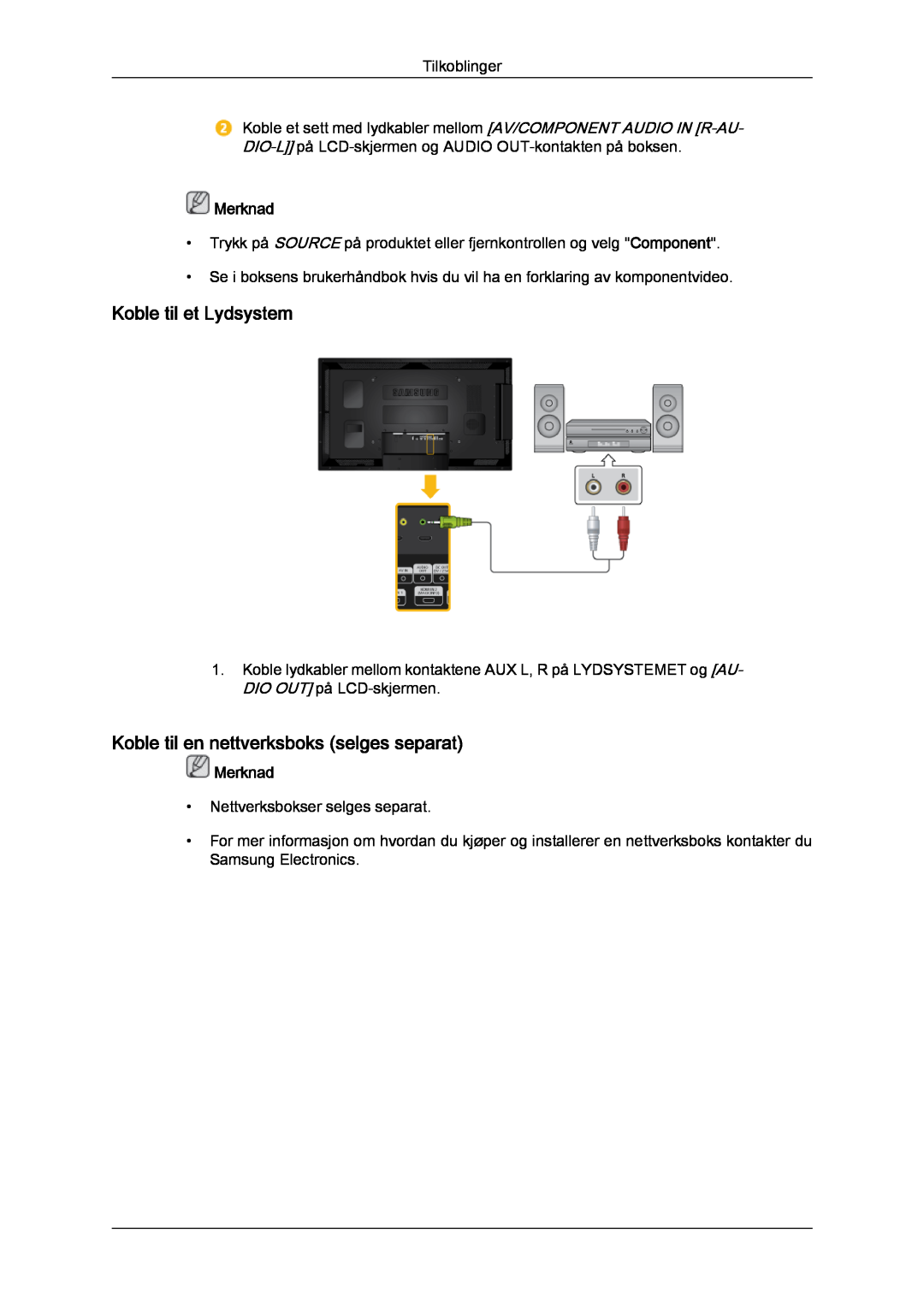 Samsung LH46CRPMBD/EN, LH46CRPMBC/EN manual Koble til et Lydsystem, Koble til en nettverksboks selges separat, Merknad 