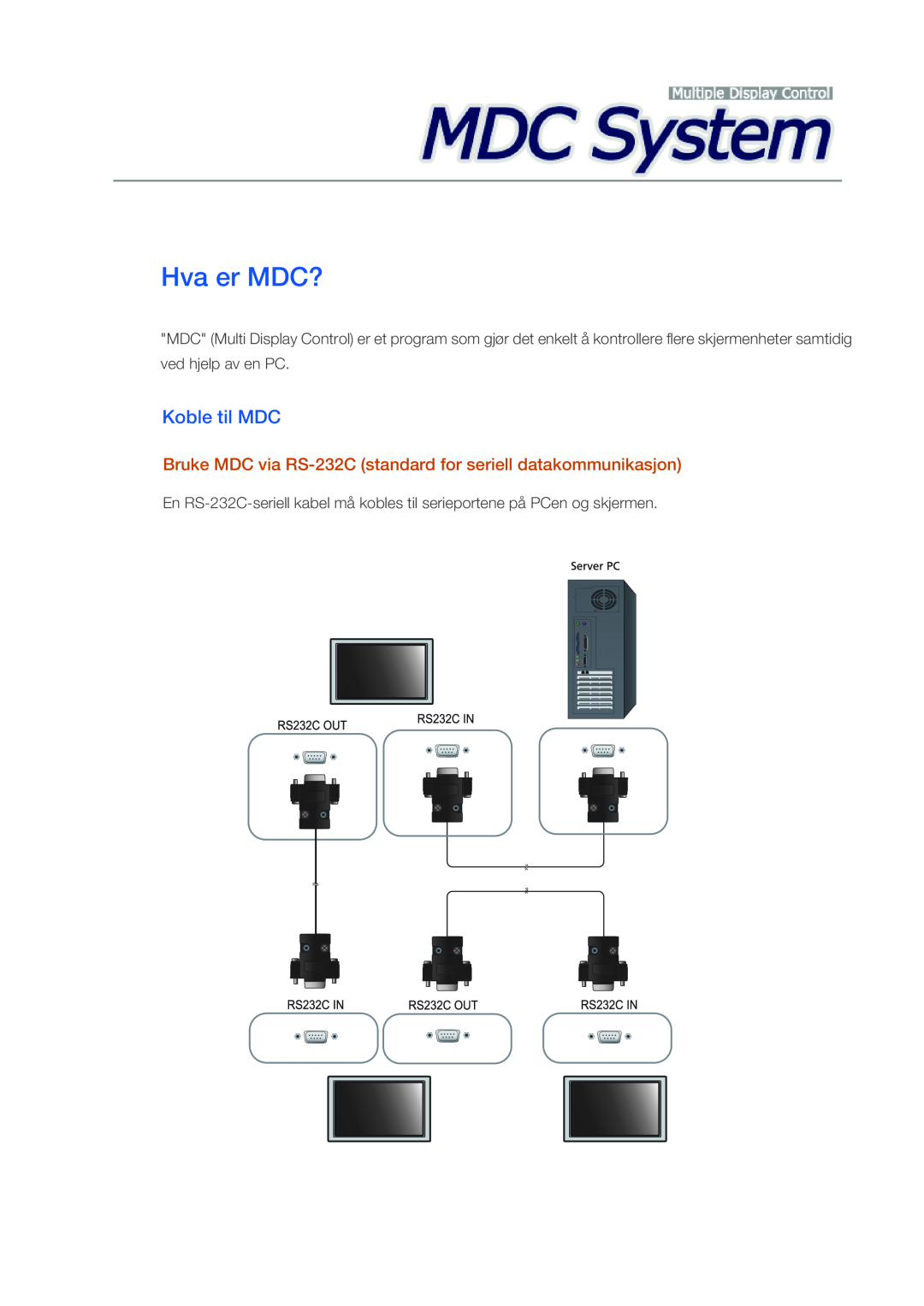 Samsung LH46CRPMBD/EN manual Hva er MDC?, Koble til MDC, Bruke MDC via RS-232C standard for seriell datakommunikasjon 