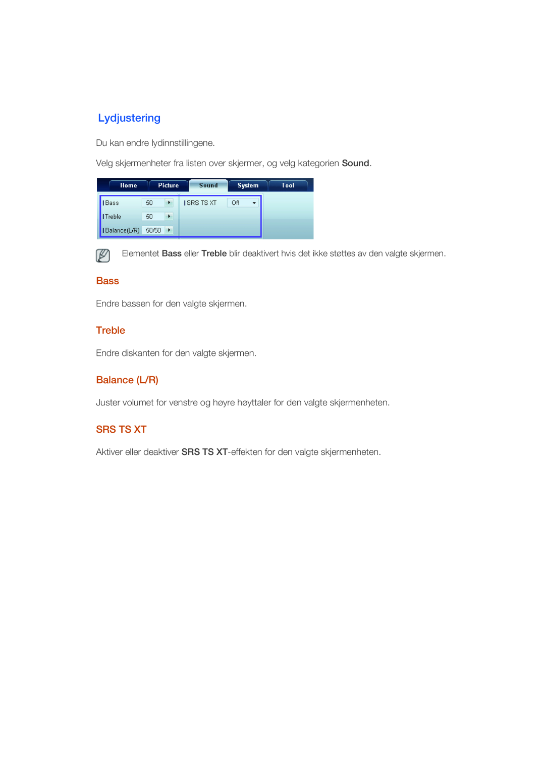 Samsung LH40CRPMBC/EN, LH46CRPMBD/EN, LH46CRPMBC/EN, LH40CRPMBD/EN manual Lydjustering, Bass, Treble, Balance L/R, Srs Ts Xt 