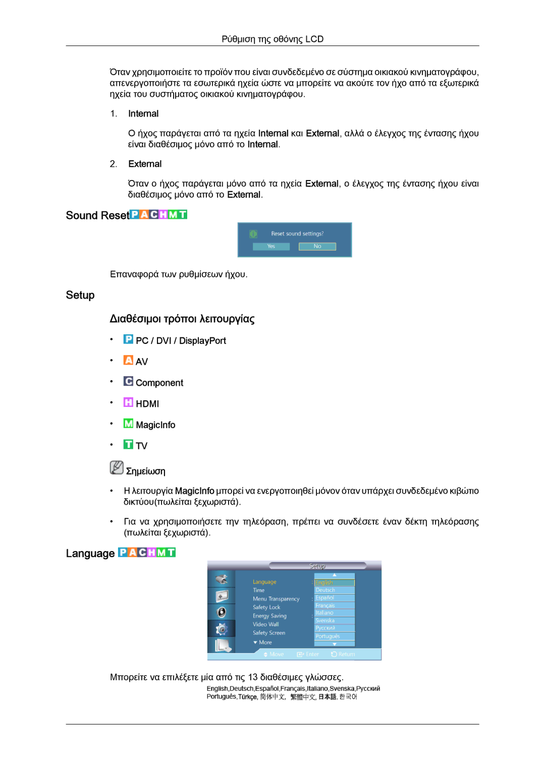 Samsung LH46CRPMBC/EN, LH46CRPMBD/EN manual Sound Reset, Setup Διαθέσιμοι τρόποι λειτουργίας, Language, Internal, External 