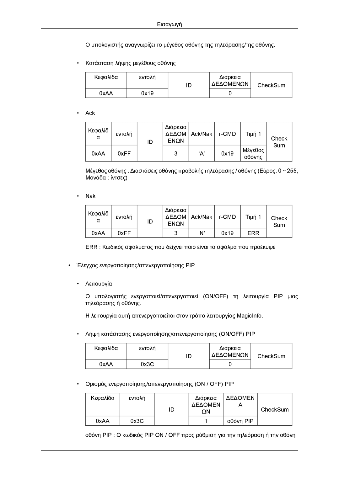 Samsung LH40CRPMBD/EN, LH46CRPMBD/EN, LH46CRPMBC/EN manual CheckSum Ack Κεφαλίδ 0xAA Εντολή 0xFF Διάρκεια Δεδομ Ack/Nak 