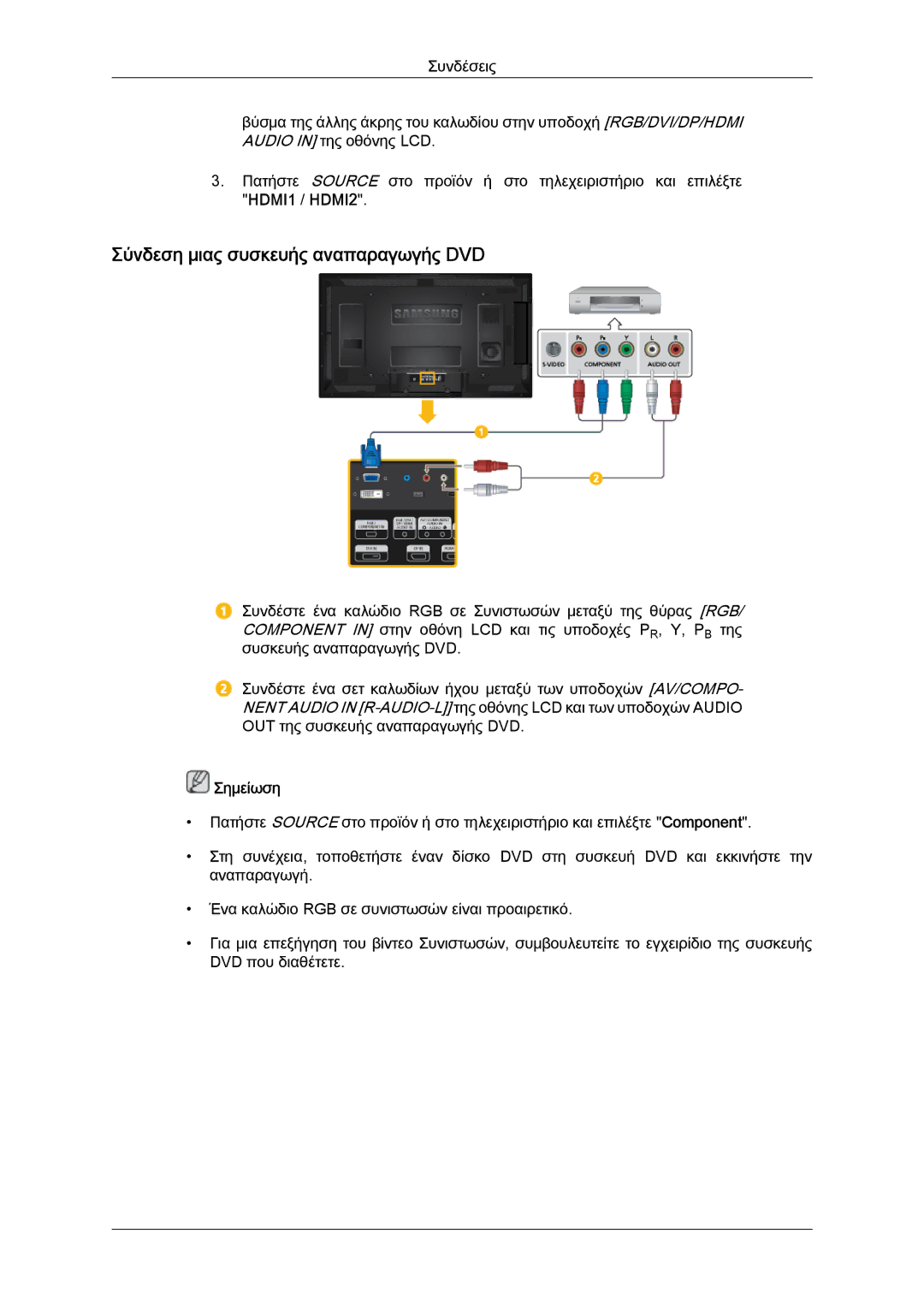 Samsung LH40CRPMBD/EN, LH46CRPMBD/EN, LH46CRPMBC/EN manual Σύνδεση μιας συσκευής αναπαραγωγής DVD 