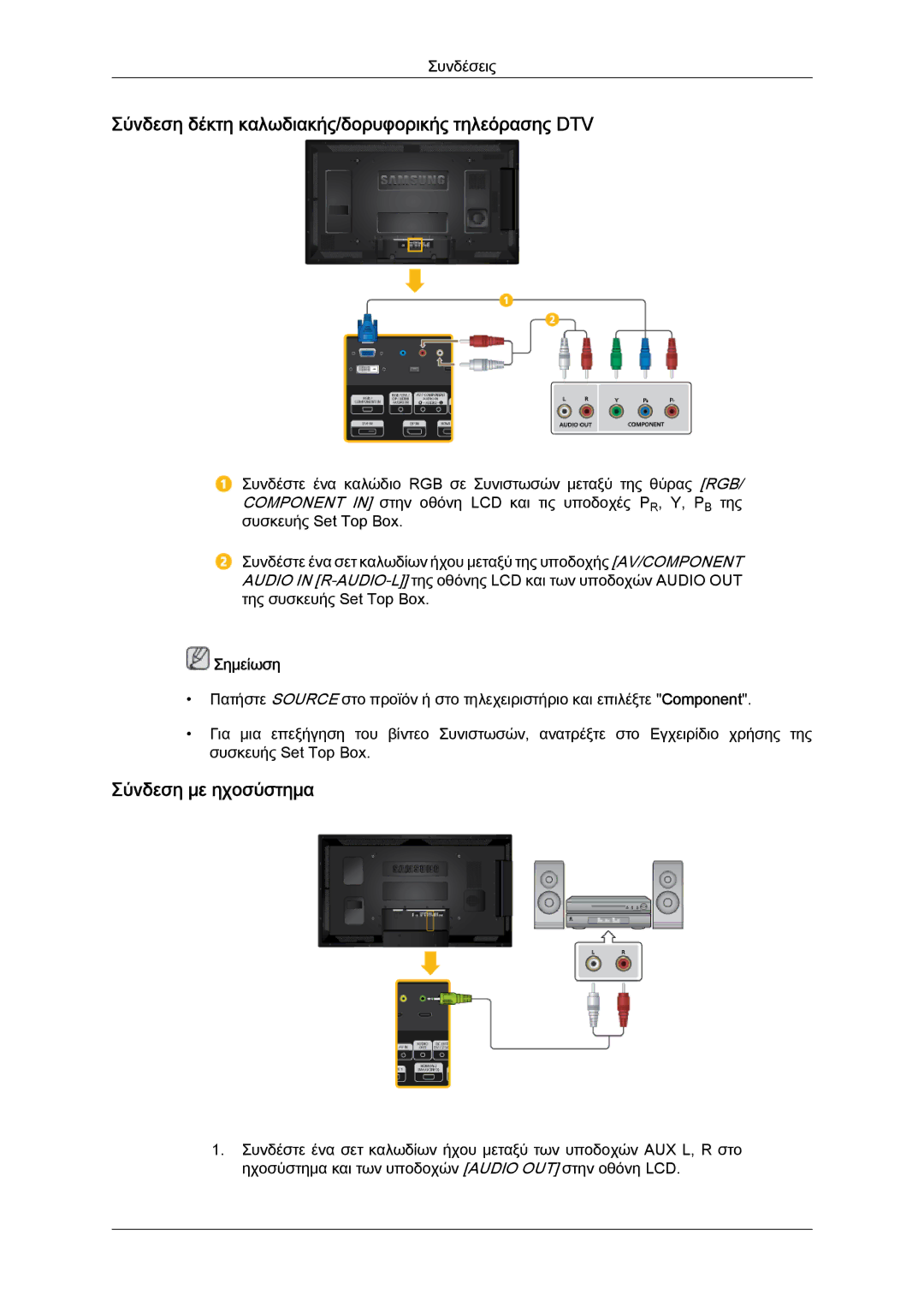 Samsung LH46CRPMBD/EN, LH46CRPMBC/EN manual Σύνδεση δέκτη καλωδιακής/δορυφορικής τηλεόρασης DTV, Σύνδεση με ηχοσύστημα 