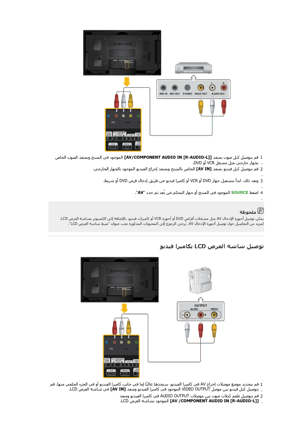 Samsung LH46CSPLBC/HD manual ﻮﻳﺪﻴﻓ اﺮﻴﻣﺎﻜﺑ Lcd ضﺮﻌﻟا ﺔﺷﺎﺷ ﻞﻴﺻﻮﺗ, LCD ضﺮﻌﻟا ﺔﺷﺎﺸﺑ دﻮﺟﻮﻤﻟا AV /COMPONENT Audio in R-AUDIO-L 