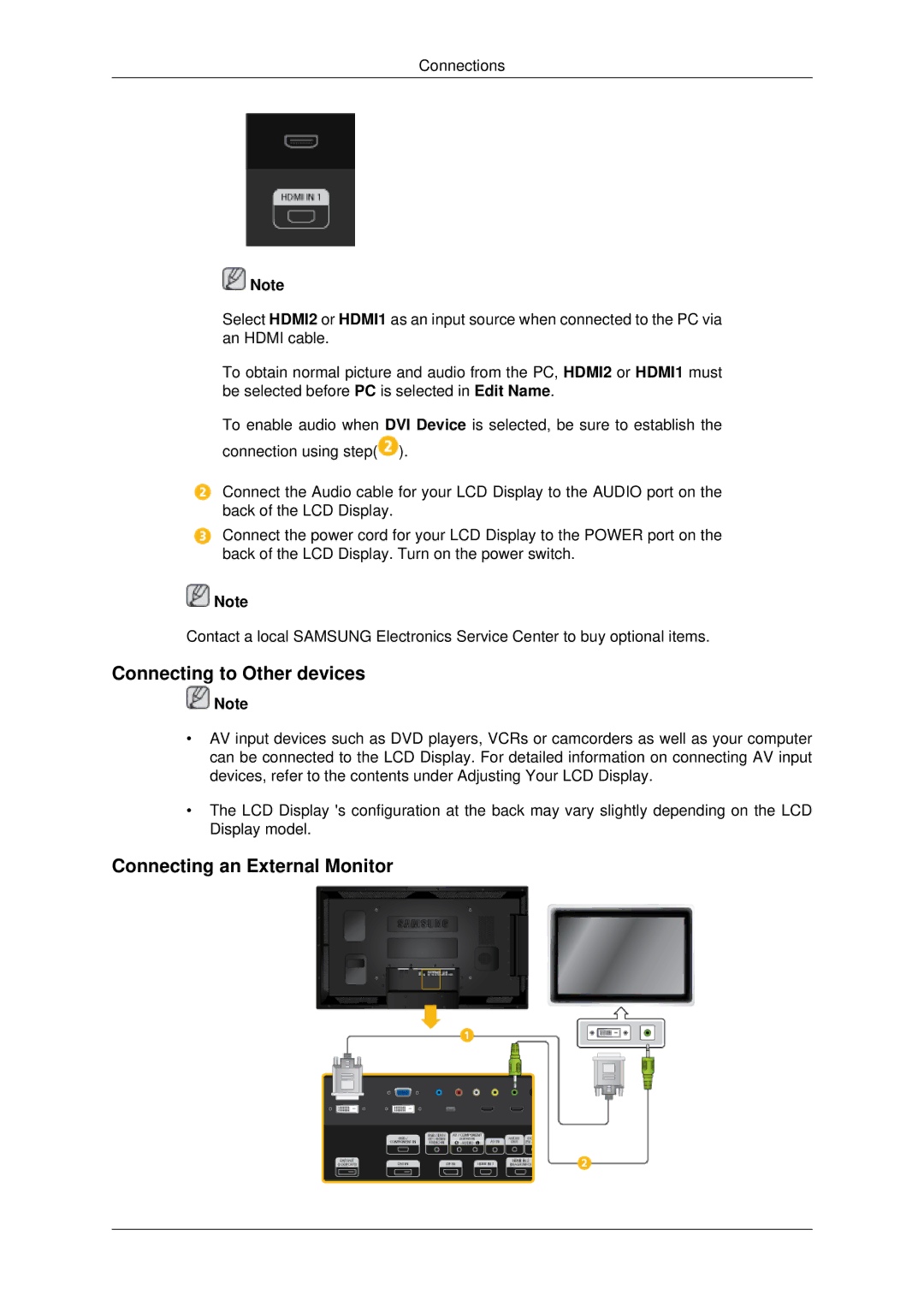 Samsung LH40CSPLBC/ZA, LH46CSPLBC/EN, LH40CSPLBC/EN manual Connecting to Other devices, Connecting an External Monitor 