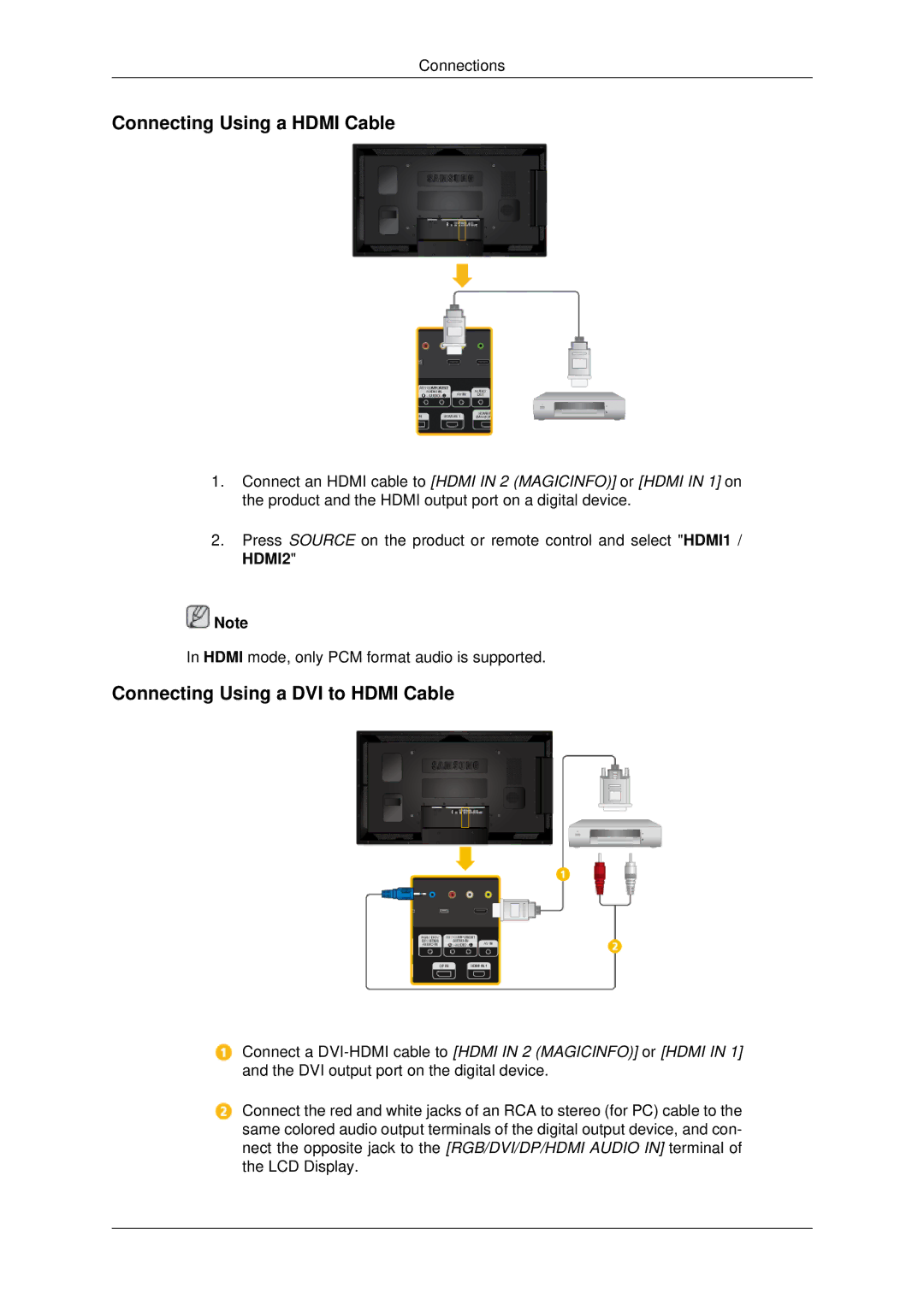 Samsung LH40CSPLBC/HD, LH46CSPLBC/EN, LH40CSPLBC/EN Connecting Using a Hdmi Cable, Connecting Using a DVI to Hdmi Cable 