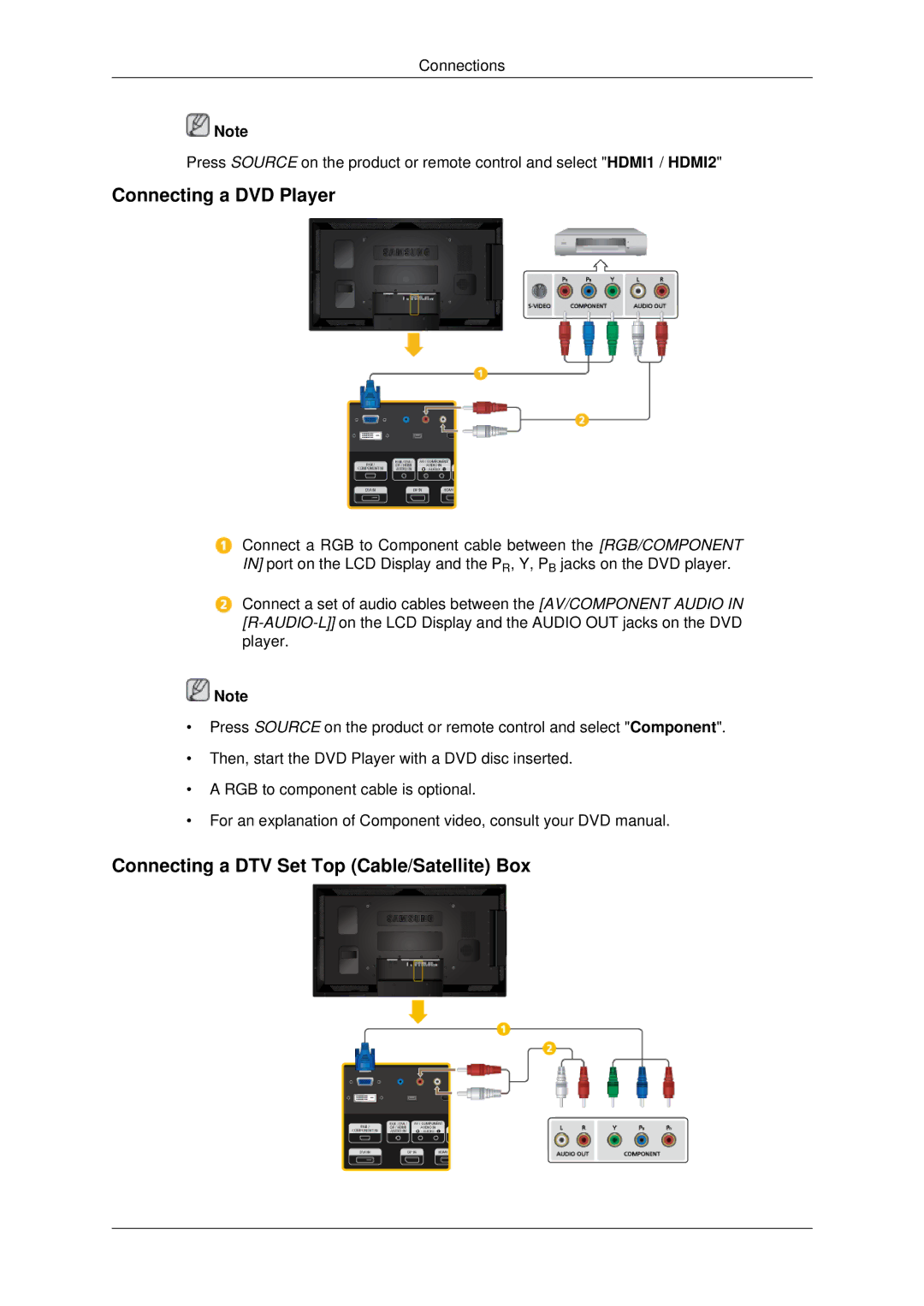 Samsung LH46CSPLBC/NG, LH46CSPLBC/EN, LH40CSPLBC/EN Connecting a DVD Player, Connecting a DTV Set Top Cable/Satellite Box 