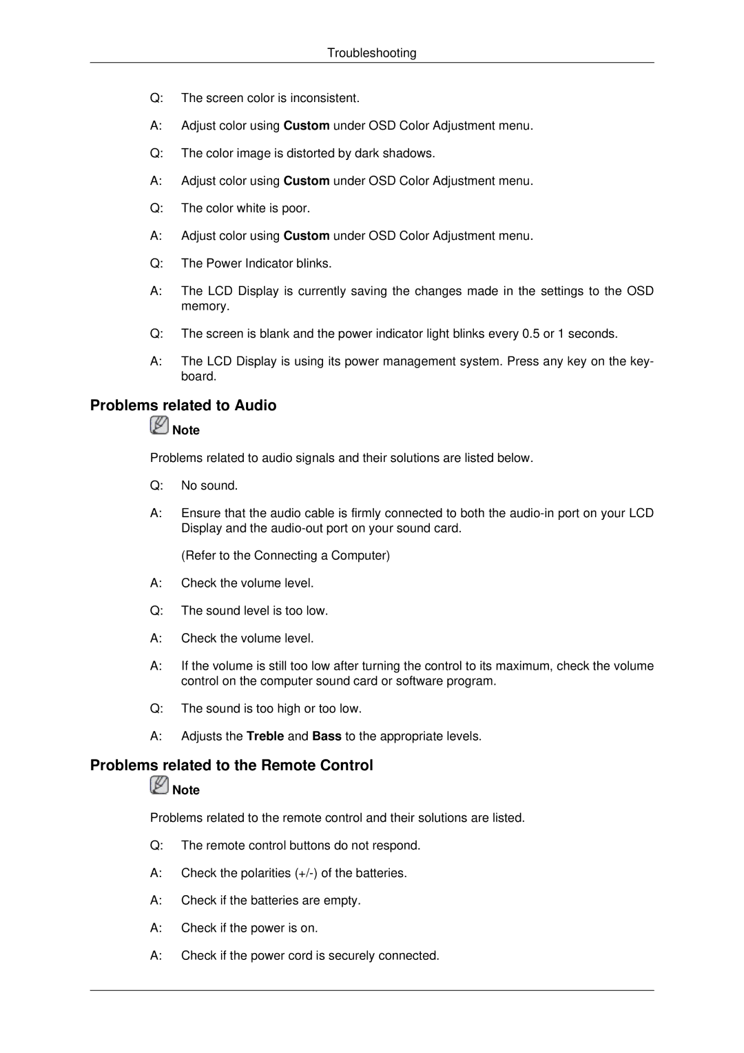 Samsung LH46CSPLBC/EN, LH40CSPLBC/EN, LH40CSPLBC/ZA manual Problems related to Audio, Problems related to the Remote Control 