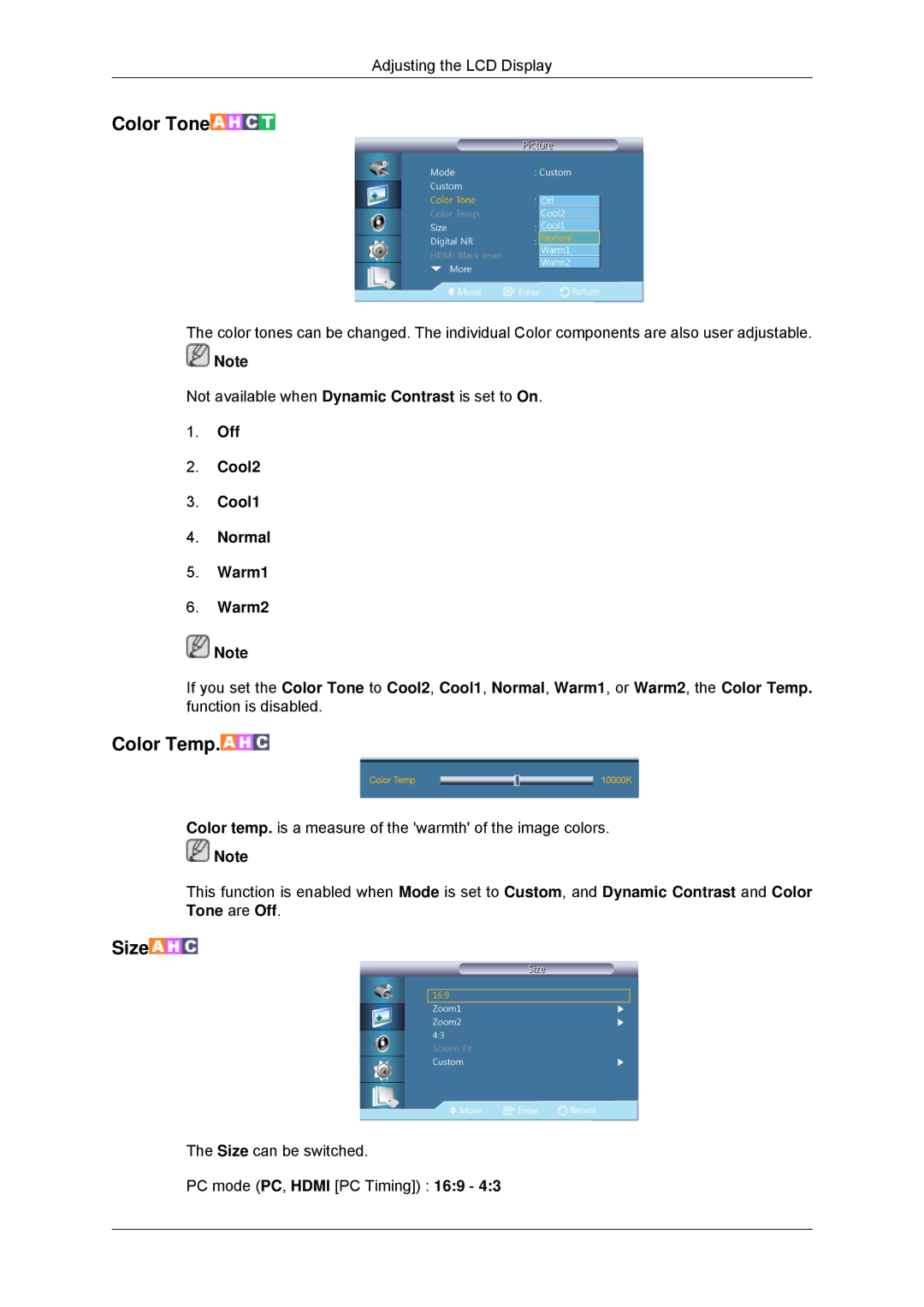 Samsung LH46CSPLBC/EN, LH40CSPLBC/EN, LH40CSPLBC/ZA, LH40CSPMBC/EN manual Size can be switched PC mode PC, Hdmi PC Timing 169 