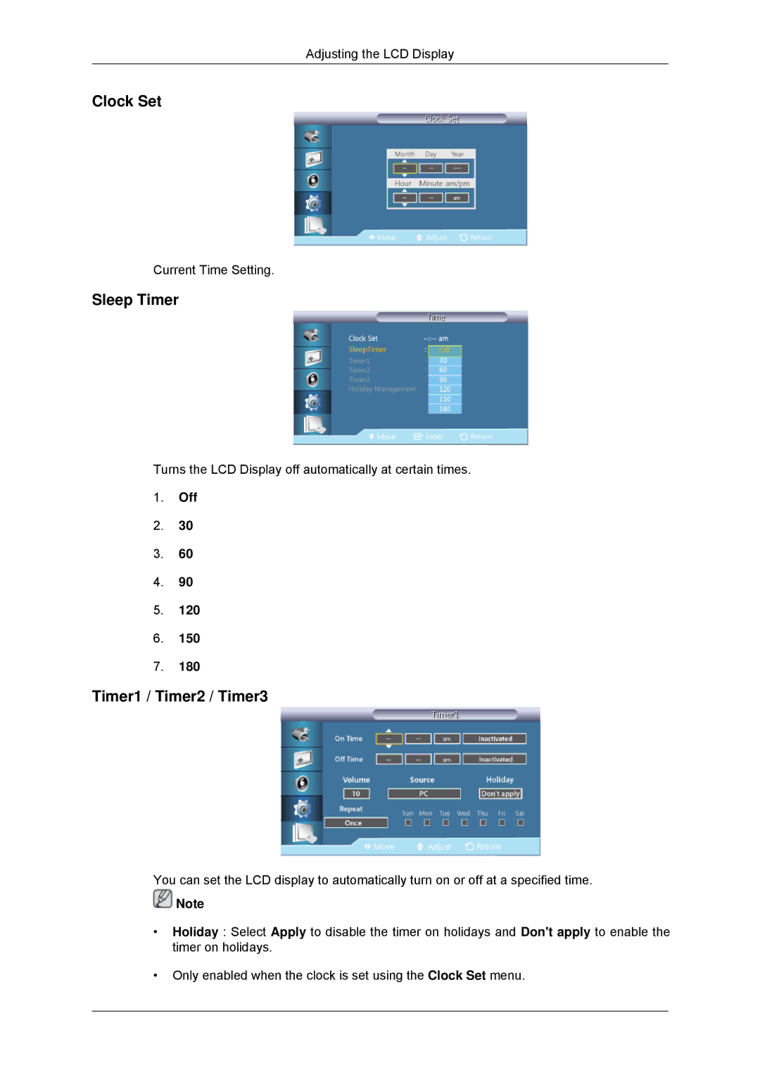 Samsung LH40CSPMBC/EN, LH46CSPLBC/EN, LH40CSPLBC/EN, LH40CSPLBC/ZA manual Clock Set, Sleep Timer, Timer1 / Timer2 / Timer3 