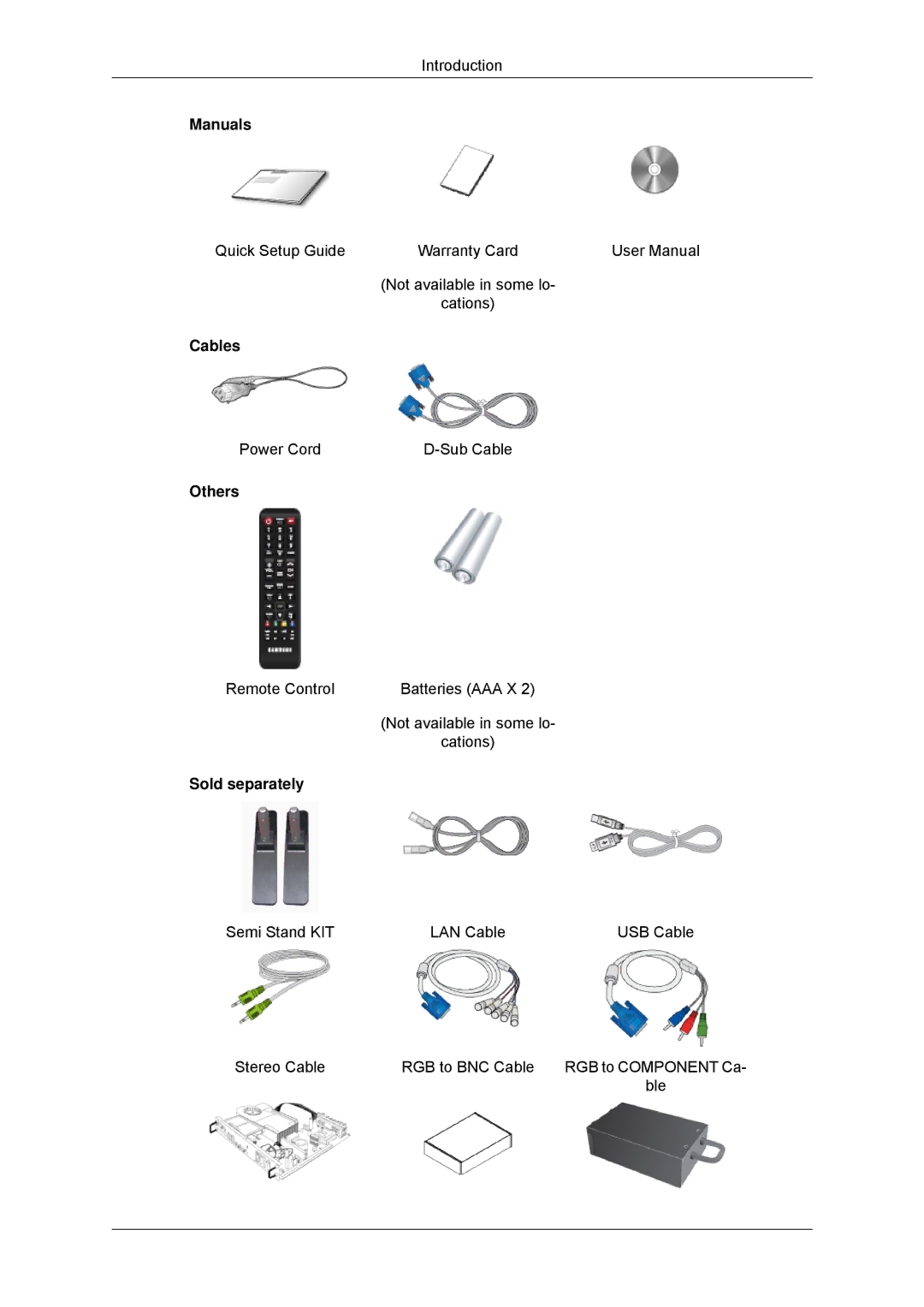 Samsung LH40CSPLBC/EN, LH46CSPLBC/EN, LH40CSPLBC/ZA, LH40CSPMBC/EN, LH46CSPLBC/ZA Manuals, Cables, Others, Sold separately 